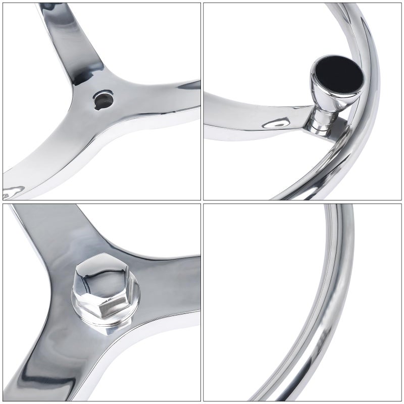 Amarine Made Stainless Steel Boat Steering Wheel 3 Spoke 15-1/2" Dia, with 1/2"-20 Nut and Turning Knob for Teleflex Cable Helm - Image 4
